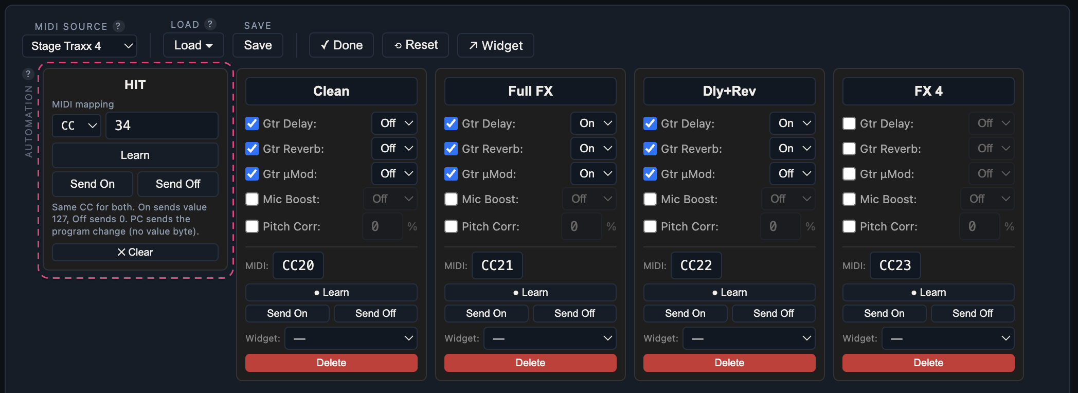 Editor device-panel HIT card in edit mode, MIDI mapping set to CC 34 with Learn / Send On / Send Off buttons.