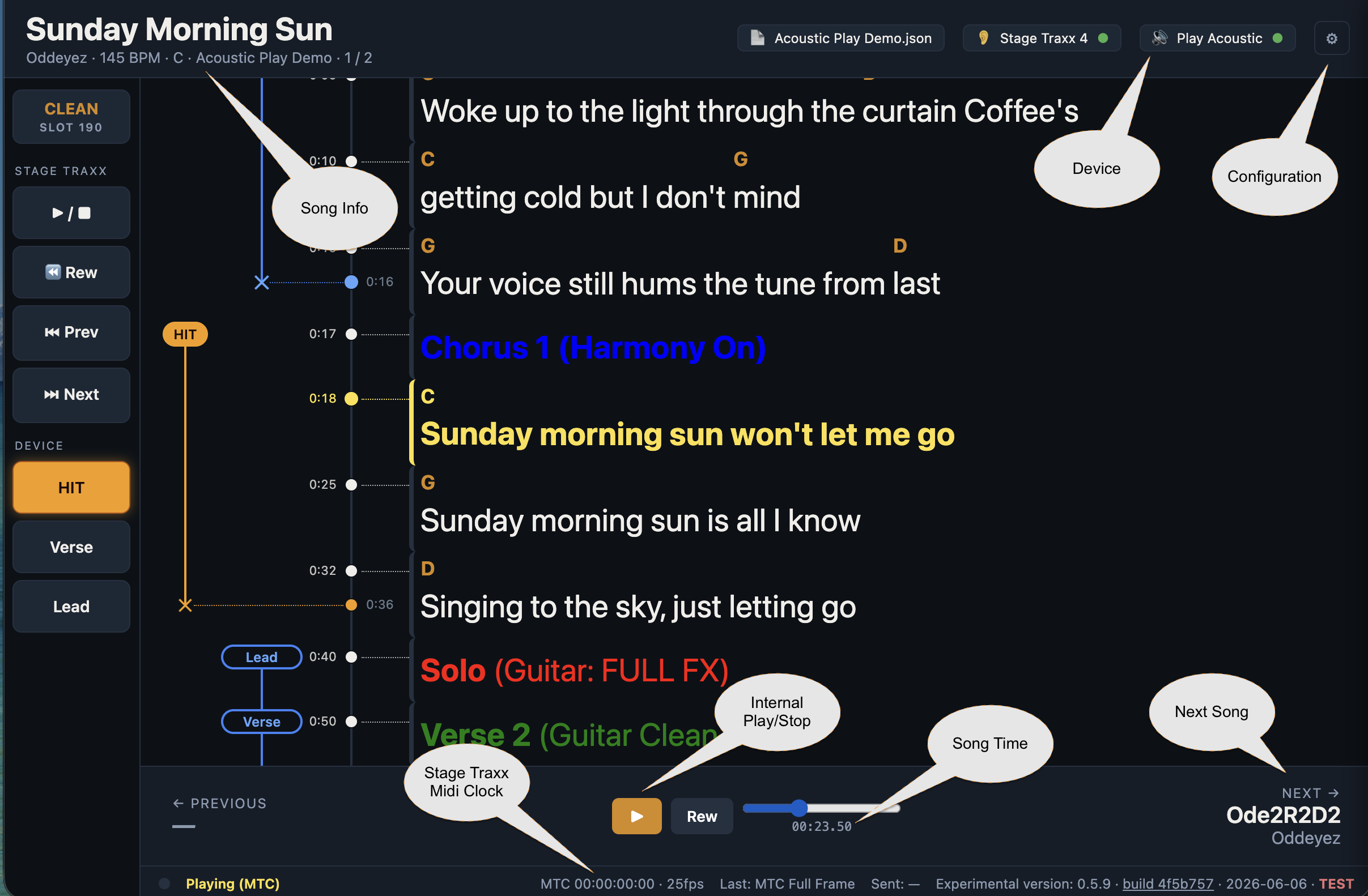 Annotated top bar and transport: song info, MIDI clock LED, internal clock controls, next song panel, settings drawer button