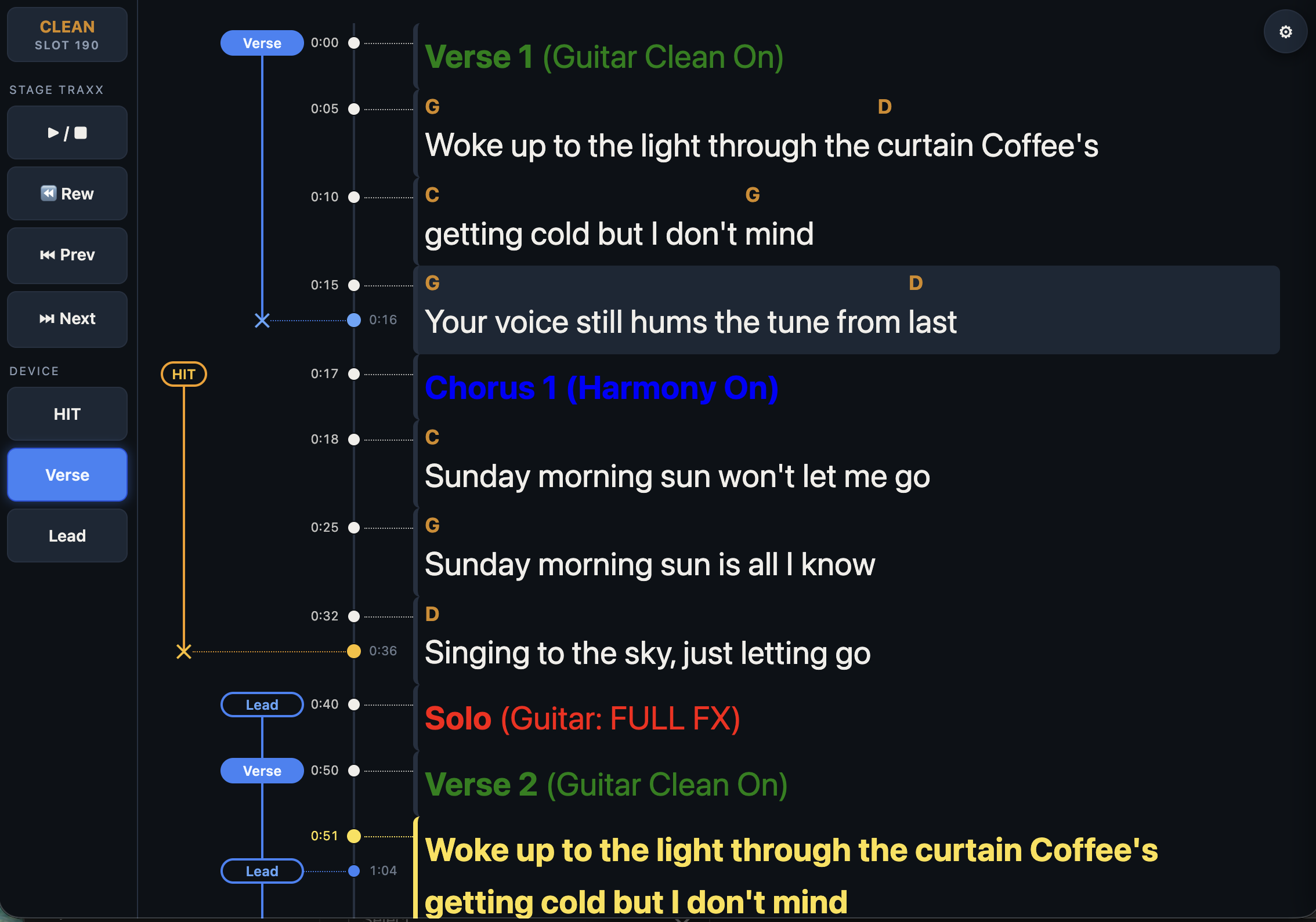 Perform on stage — lyrics, FX timeline and buttons