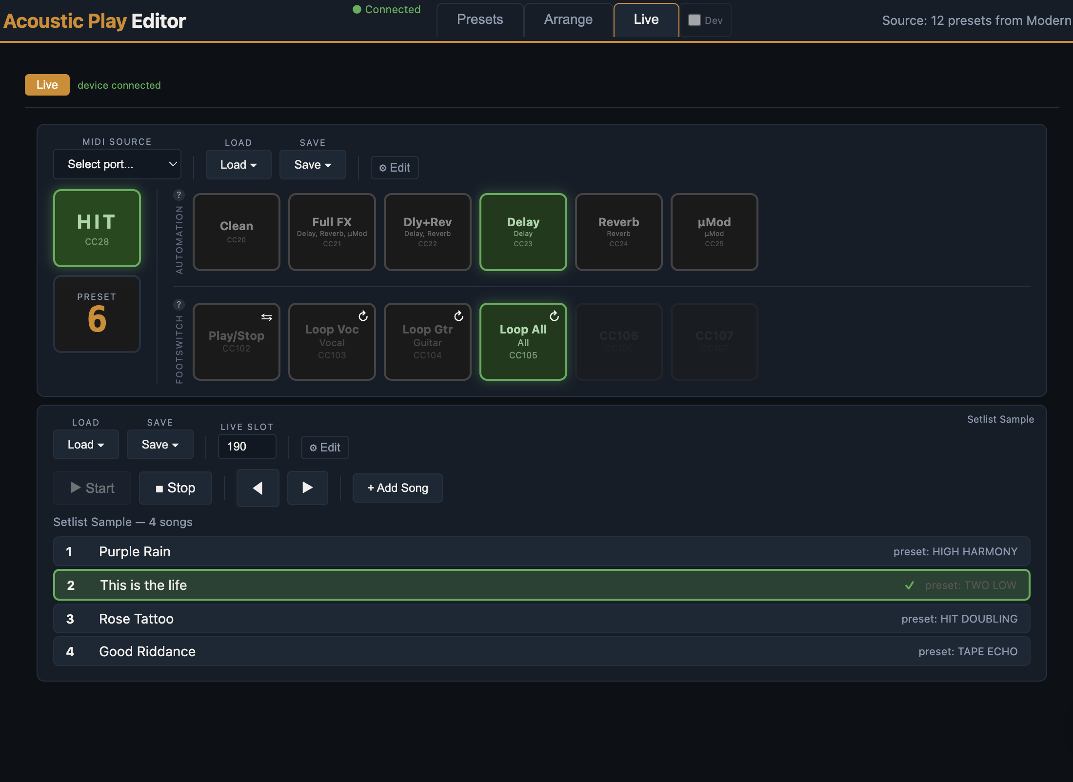 Live Automation screen