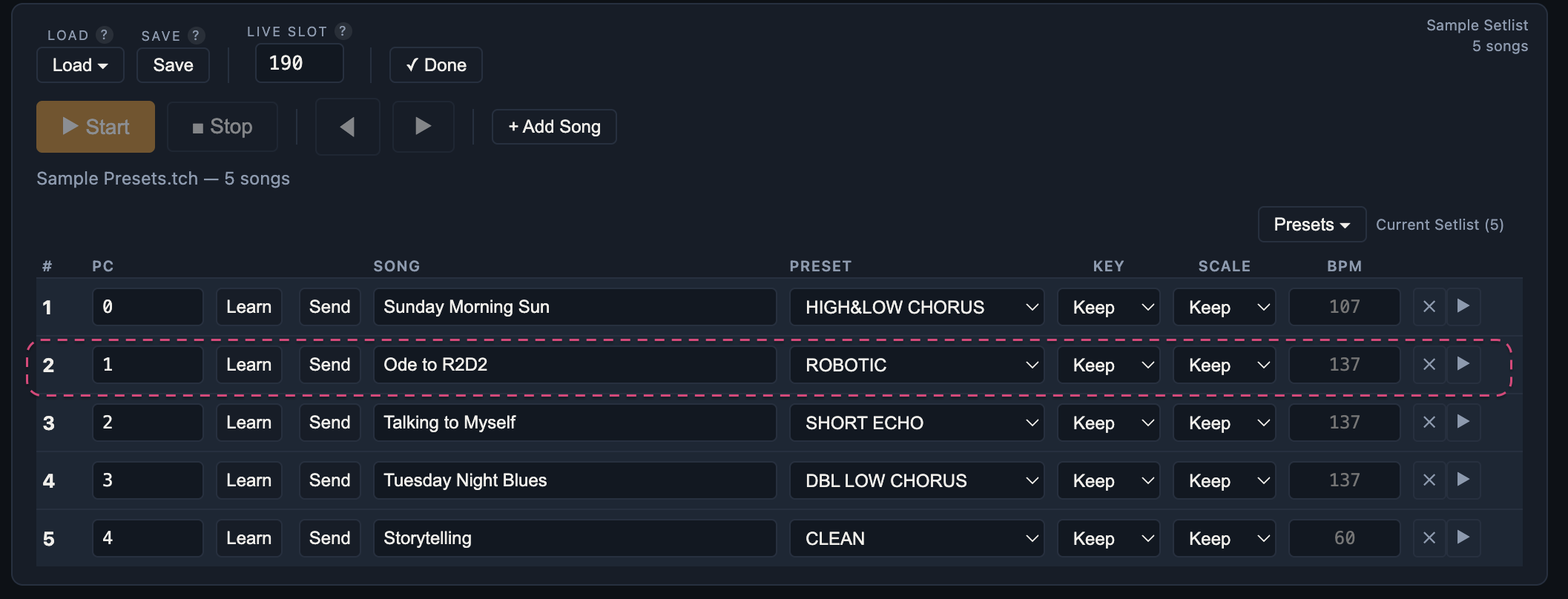 Editor Setlist card with the Sample Setlist loaded — five rows mapped to PC 0..4 (HIGH&LOW CHORUS, ROBOTIC, SHORT ECHO, DBL LOW CHORUS, CLEAN).