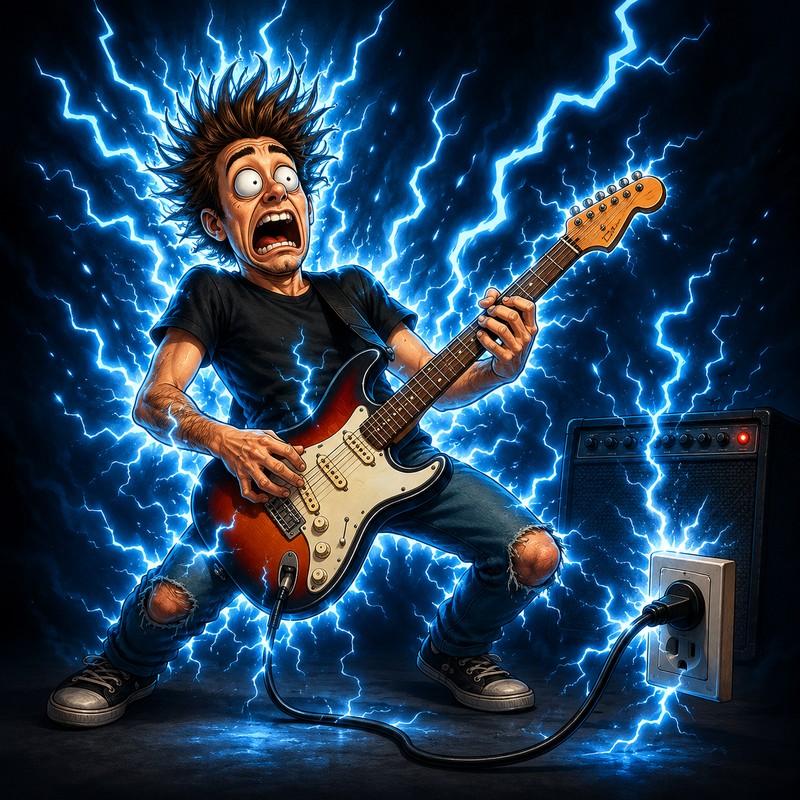 Cartoon guitarist being shocked by an outlet through their guitar cable