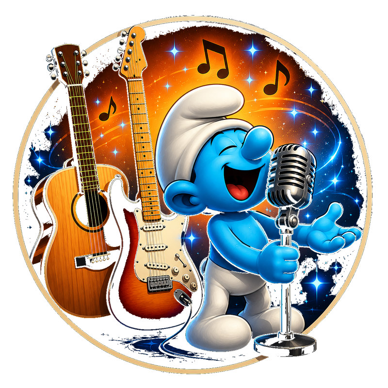 A blue cartoon character singing into a vintage microphone, with an acoustic and electric guitar behind — going blue