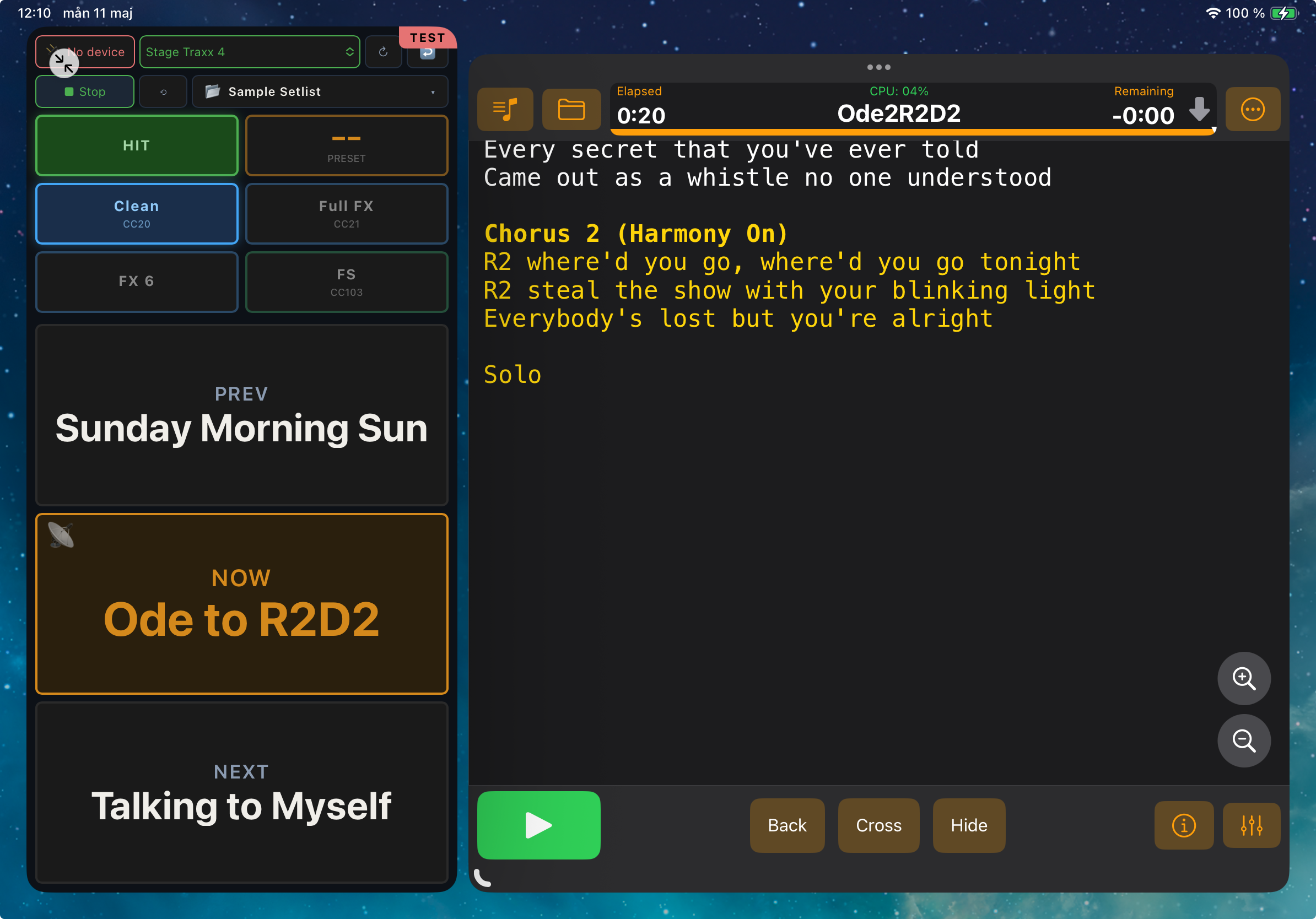 Widget mode running side-by-side with a lyrics app on iPad